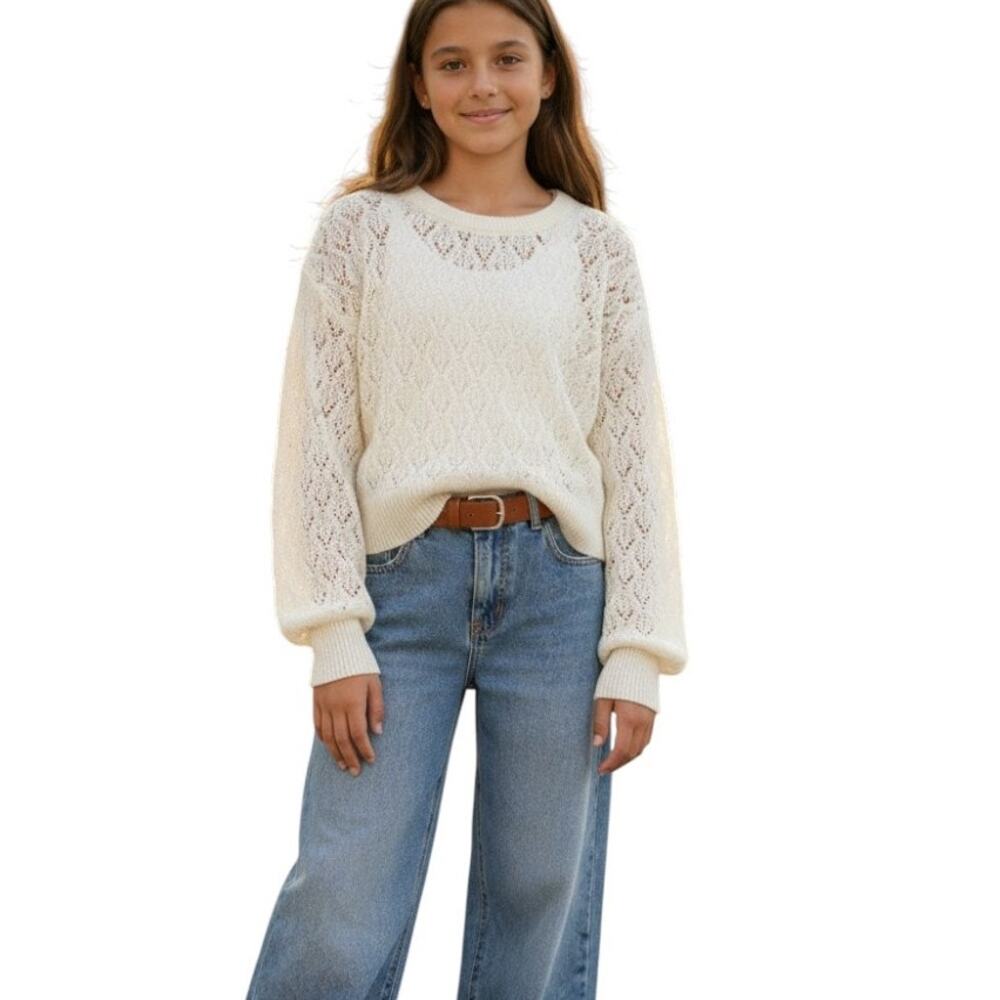 H&M Girls Open Knit Pull On Cardigan Sweater, Beige, Size 12 / 14